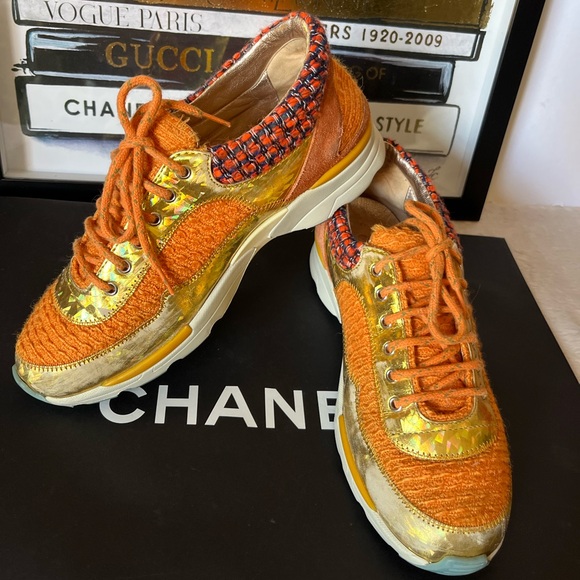 CHANEL Orange Gold Tweed Suede Lace up CC Sneakers - Picture 15 of 16